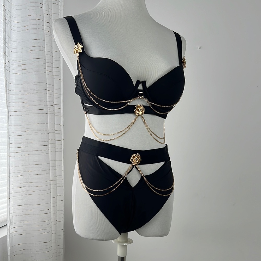 Honey Birdette Roneet Black Lingerie Set with Gold Chain Accents L 36D